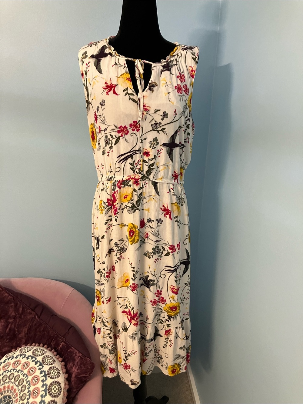 Old Navy White Floral Tie-Neck Midi Dress with Yellow & Pink Flowers